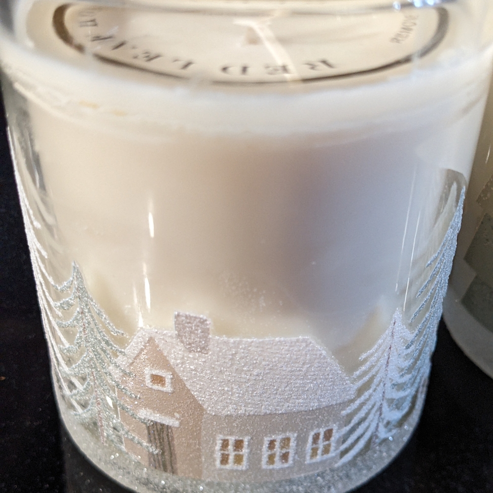 Red Leaf Home 11 oz Glitter White Winter Scene Candle Holder Balsam Cedar Scent